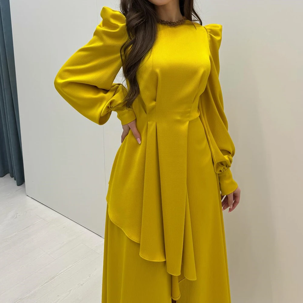 ชุดราตรีทรงเอไลน์แบบสั่งตัด ความยาวกรอมพื้น คอทรงโอ แขนยาว ชุดออกงานแฟชั่น ประดับเลื่อม จับจีบเรียบง่าย ผ้าเดรป ชุดงานเลี้ยง