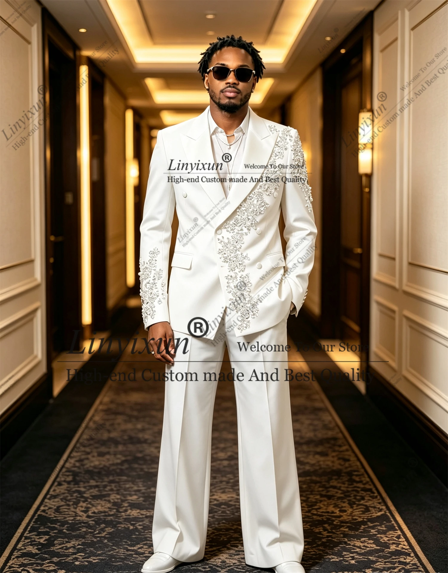 Latest Design Version  Suits Men For Wedding Rhinestones Beaded Groom Blazers Peaked Lapel Customized Man Tuxedos Male Outfits