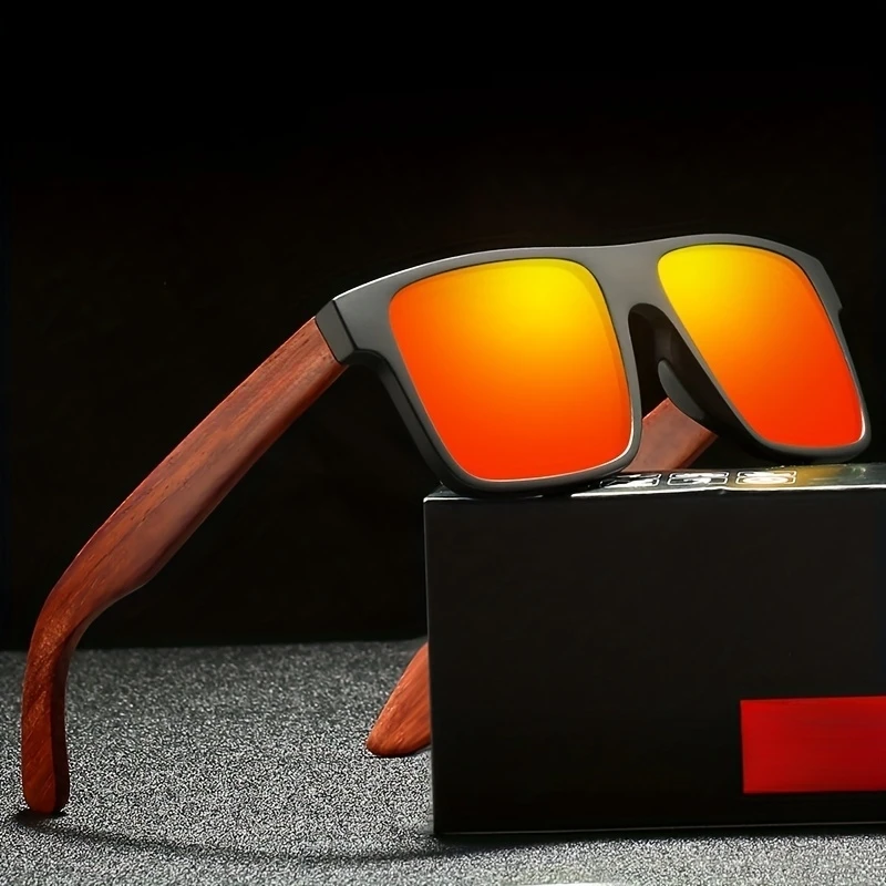 

Retro Vintage Square Sunglasses Rosewood-Like Frame Spring Hinges UV400 Unisex Casual Classic Eyewear