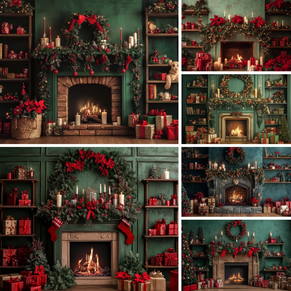 

Green Wall Christmas Fireplace Background Photography Xmas Gift Candle Backdrop Party Decor Winter Family Indoor Photo Studio