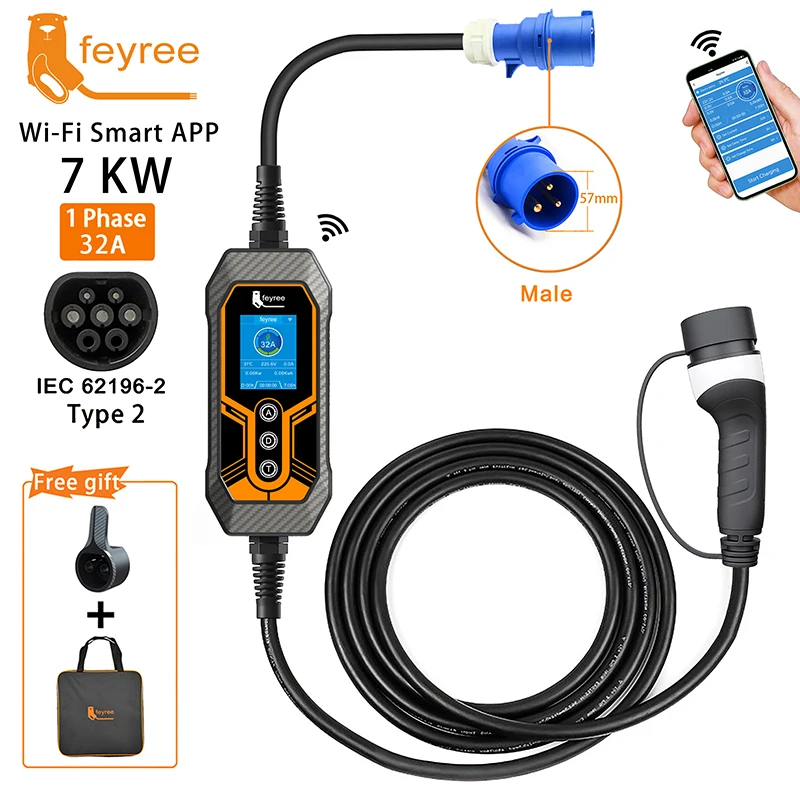 Fey123-Chargeur portable EV Vope2, 32A, 7KW, EVSE, Wi-Fi, télécommande, courant réglable, synchronisation intelligente, utilisation domestique et extérieure