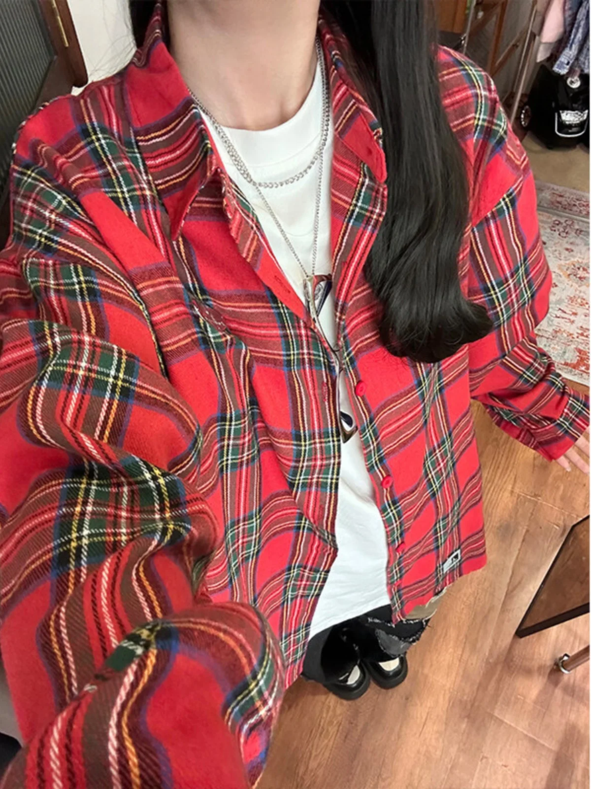 

Красная клетчатая мужская рубашка с длинным рукавом в американском ретро-стиле, весенне-осеннее повседневное модное пальто из смеси полиэстера и хлопка