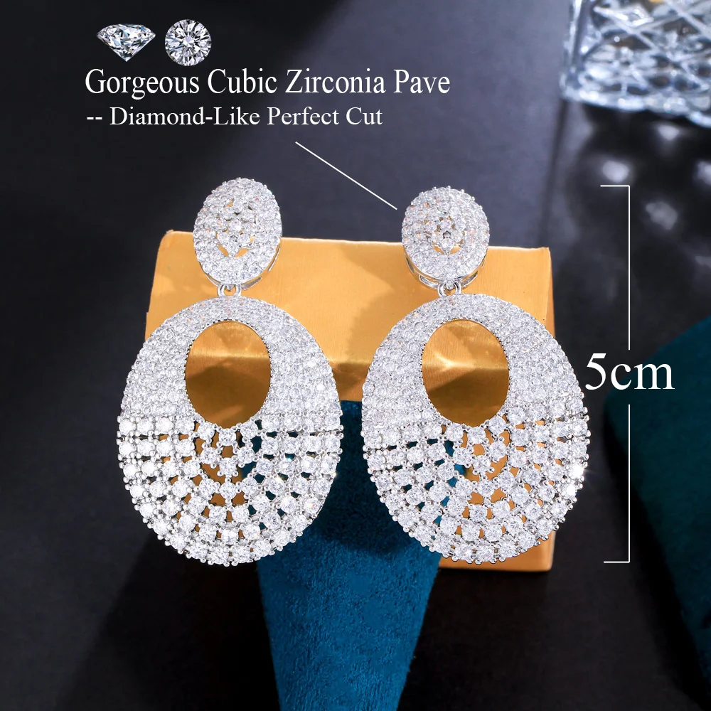 CWWZircons Bling White Cubic Zirconia Setting Nigerian African Big Round Dangle Drop Pageant Wedding Earrings for Women CZ535