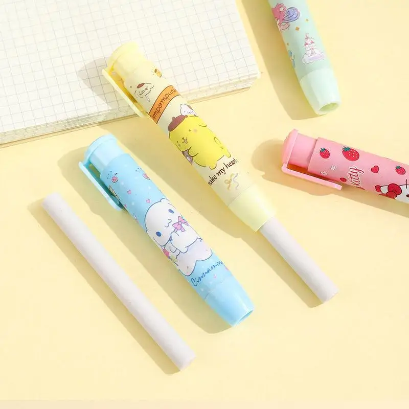 Retractable Cartoon Eraser Pen Push-Button Eraser with Refills Adjustable Pressable Rubber for School Stationery Student Gifts