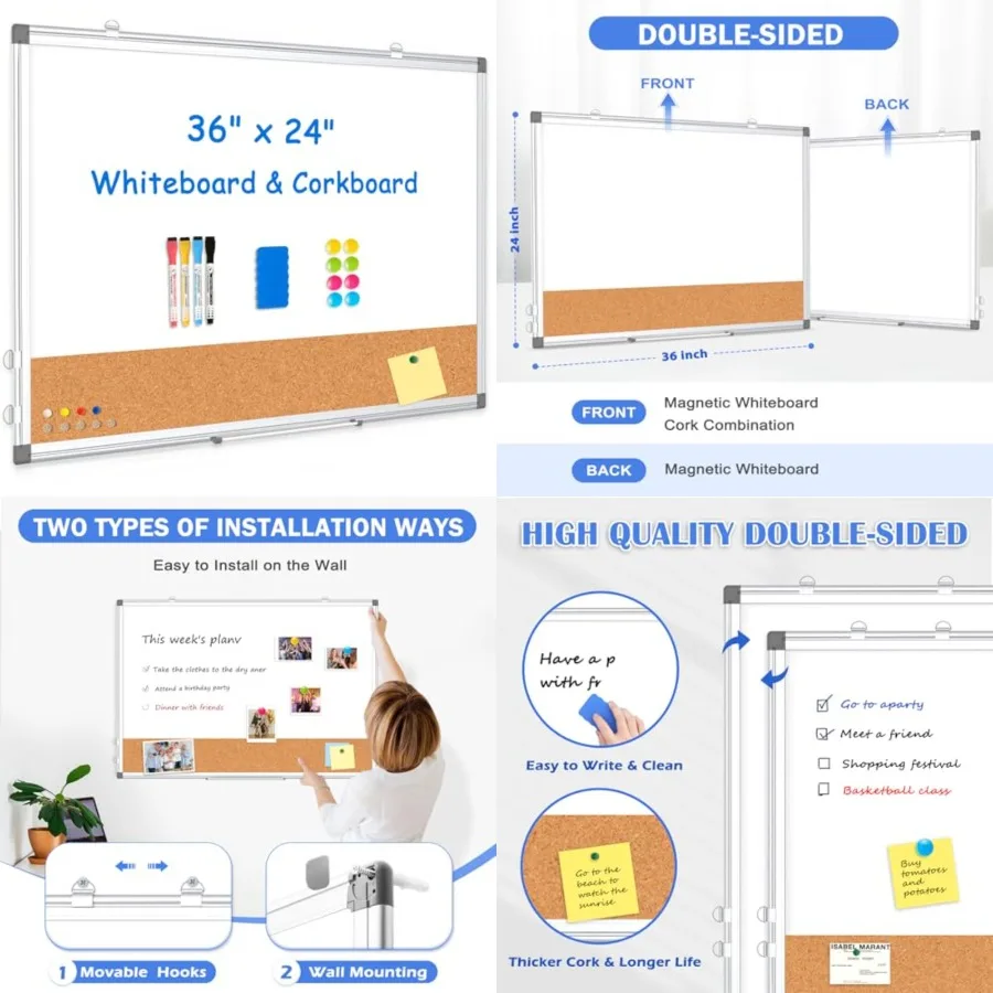 

Cork Board Combo for Wall, 36 x 24 Double-Sided Large Dry Erase Combination, Hanging Wall Mount Bulletin Board with Aluminum Fr