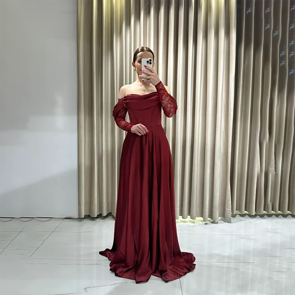 

Бордовое вечернее платье с открытыми плечами и длинными рукавами, эластичное атласное платье трапециевидной формы для выпускного вечера с разрезом, элегантное вечернее платье по индивидуальному заказу