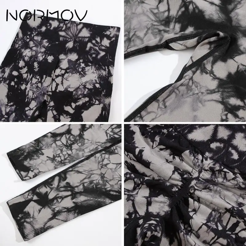 NORMOV 1/2 Piece Yoga Set Tie Dye Gym Set Sport Outfit for Woman High Waist Yoga Pants Women Gym Sets Seamless Outfits Pleated