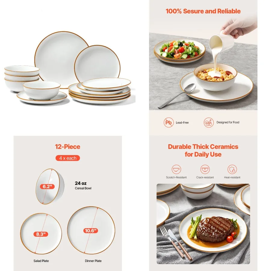 

12 PCS Dinnerware Set ramic Plates and Bowls Sets Servi for 4 White