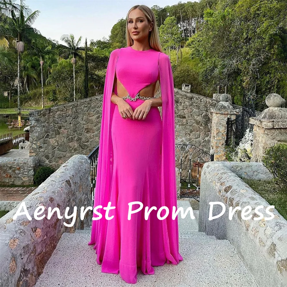 Aenryst Sexy Rose Red Long Cap Sleeves Mermaid Prom Dresses Chain Backless Evening Dress Floor Length Party Gowns فساتين سهره