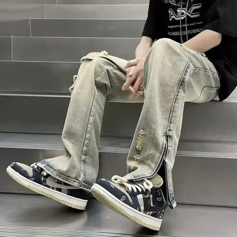 PantsHigh Street Vintage Straight Flare Pants Men's Harajuku Spring Streetwear Casual Ripped Jeans Oversized Denim Trousers