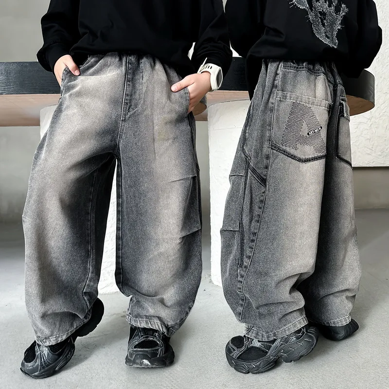 

Крутые уличные мешковатые джинсы для мальчиков, детские синие широкие джинсовые брюки в стиле ретро, свободные детские джинсы с градиентом, брюки для детей 4–14 лет