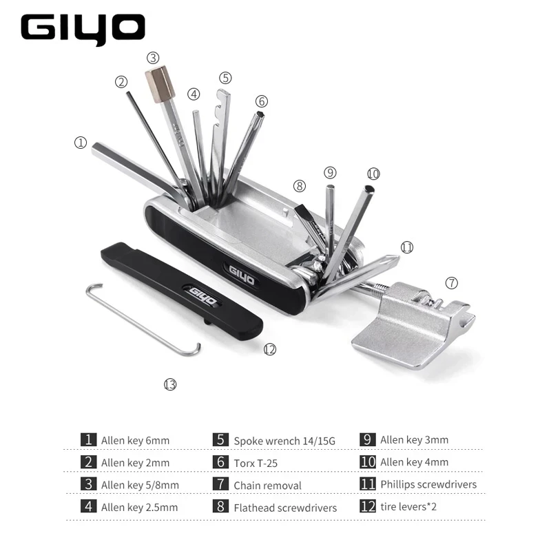 Portable 12-in-1 Cycling Maintenance Multitool, Complete Repair Set with Allen Keys, Spoke Wrench and Tire Lever for MTB