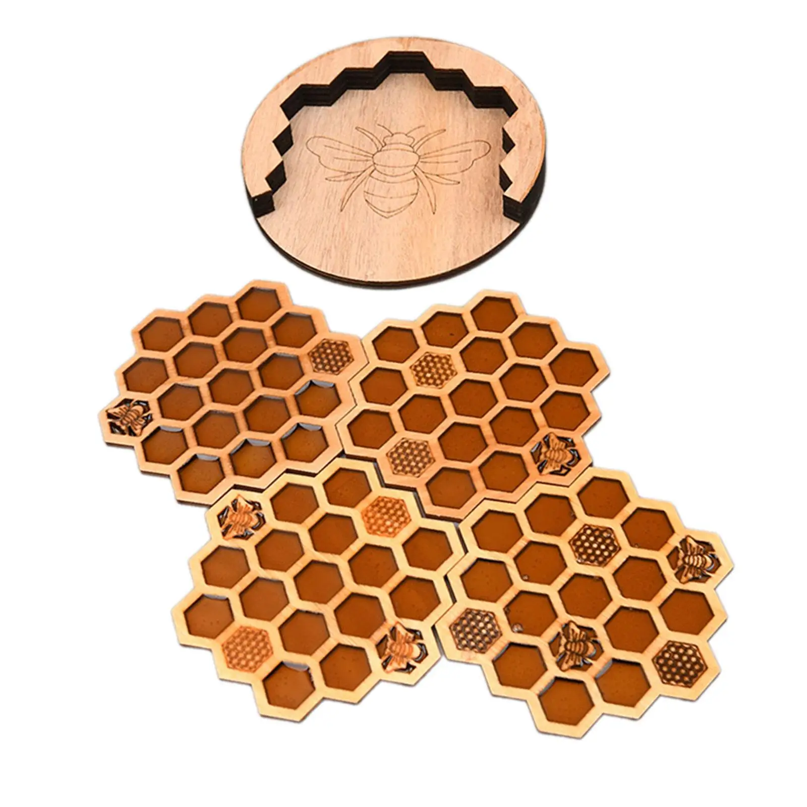 

4 Pieces Bee Honeycomb Coasters Cup Pads with Holder Cup Mats Drink Coasters for Office Tabletop Housewarming Gift Home Decor