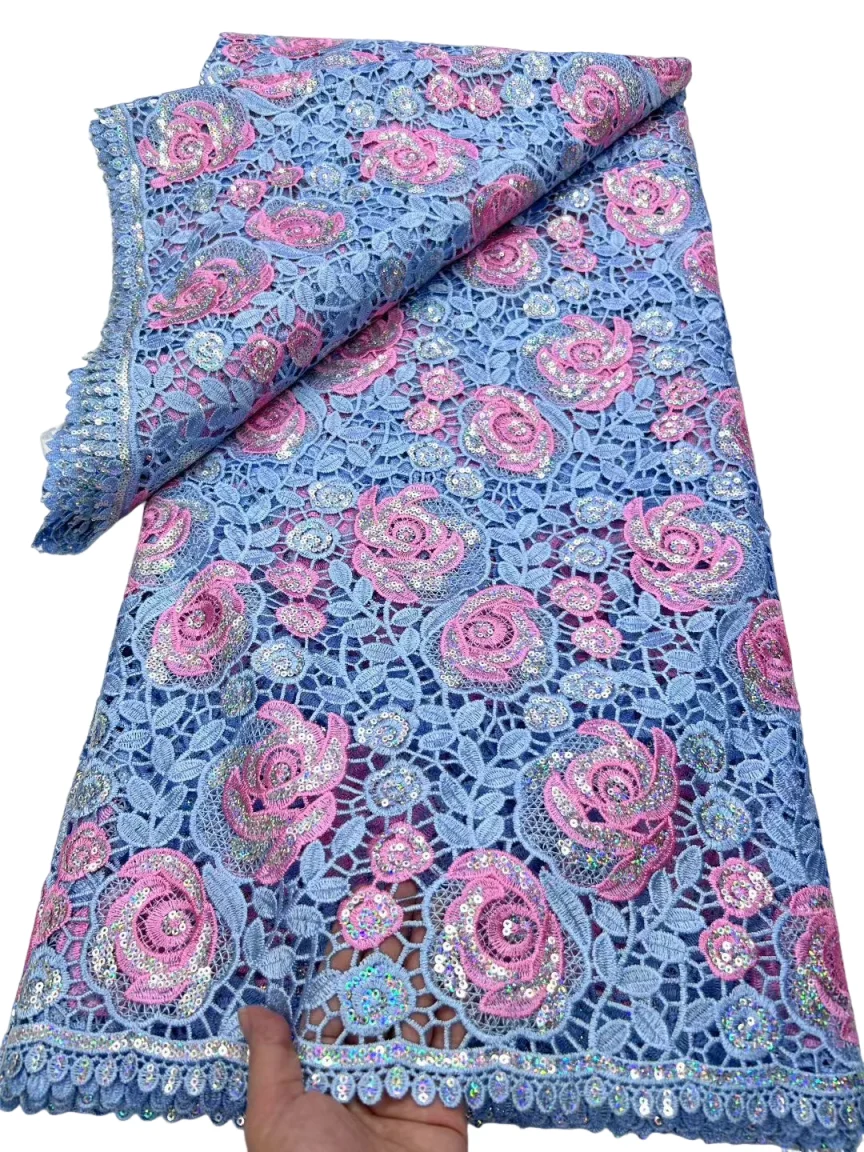 

Горячая африканская двухцветная гипюровая кружевная ткань с блестками, африканская кружевная ткань, 5 ярдов, нигерийская кружевная ткань с вышивкой для свадьбы