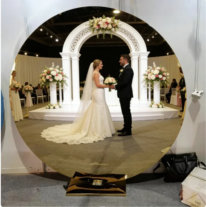 stainless steel shiny gold wedding background wall, banquet performance party circular background decoration props