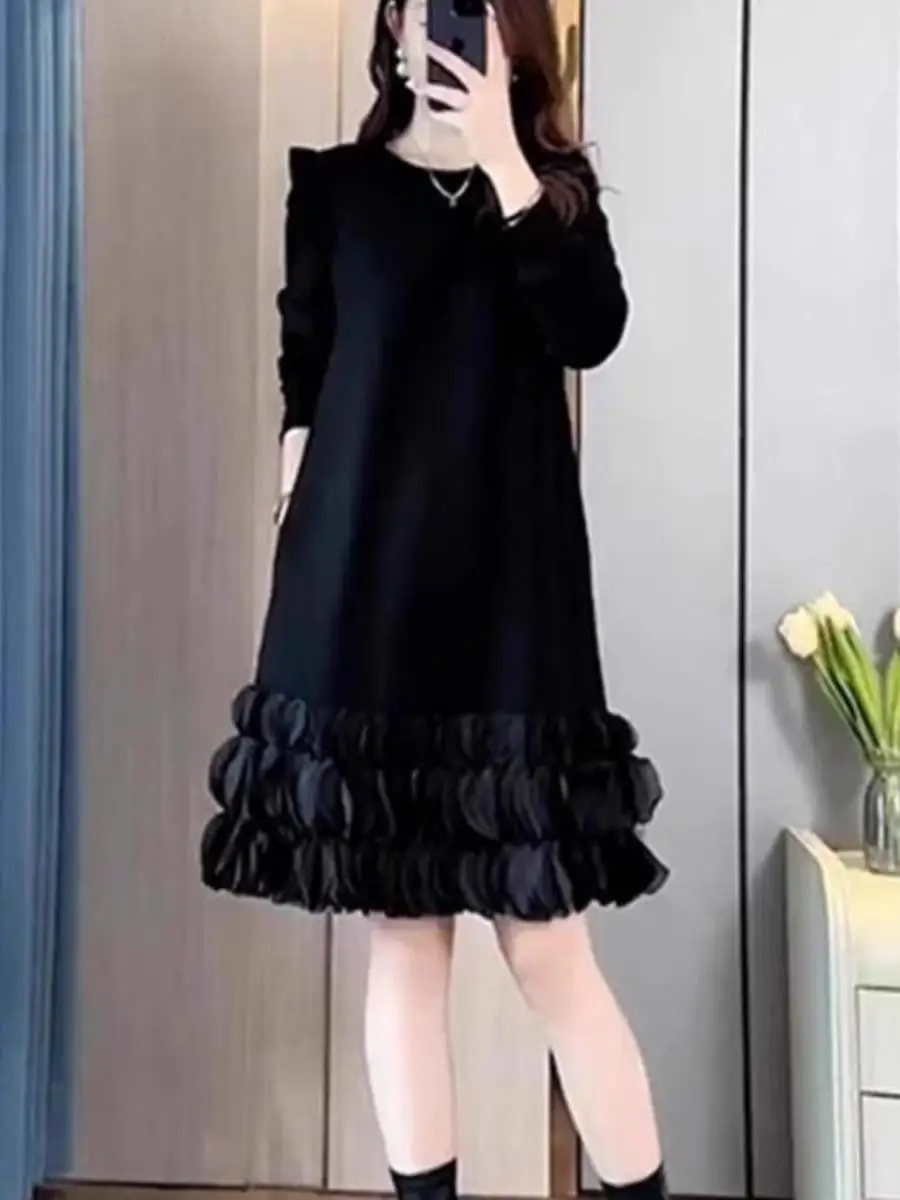 

Французское платье А-силуэта из плотной ткани, больших размеров, осеннее, модное, для полных женщин, с высокой талией, из смесового хлопка, с длинными рукавами