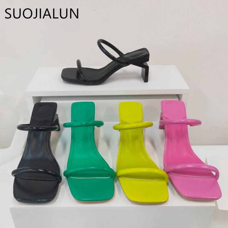 SUOJIALUN 2022 Summer Gladiator Shoes Square High Heel Women Slides Fashion Narrow Band Square Toe Ladise Beach Sandal Slides