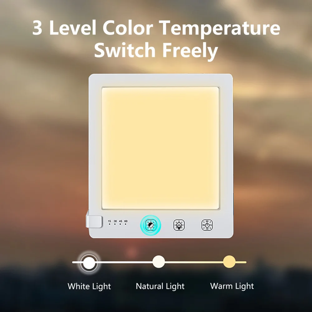 Neue SAD Phototherapie-Lampe, 10.000 Lux, Dual-Temperatur, USB-Aufladung, LED, Anti-Ermüdungstherapie, Nachtlicht, 3 Timer, Speicherfunktion