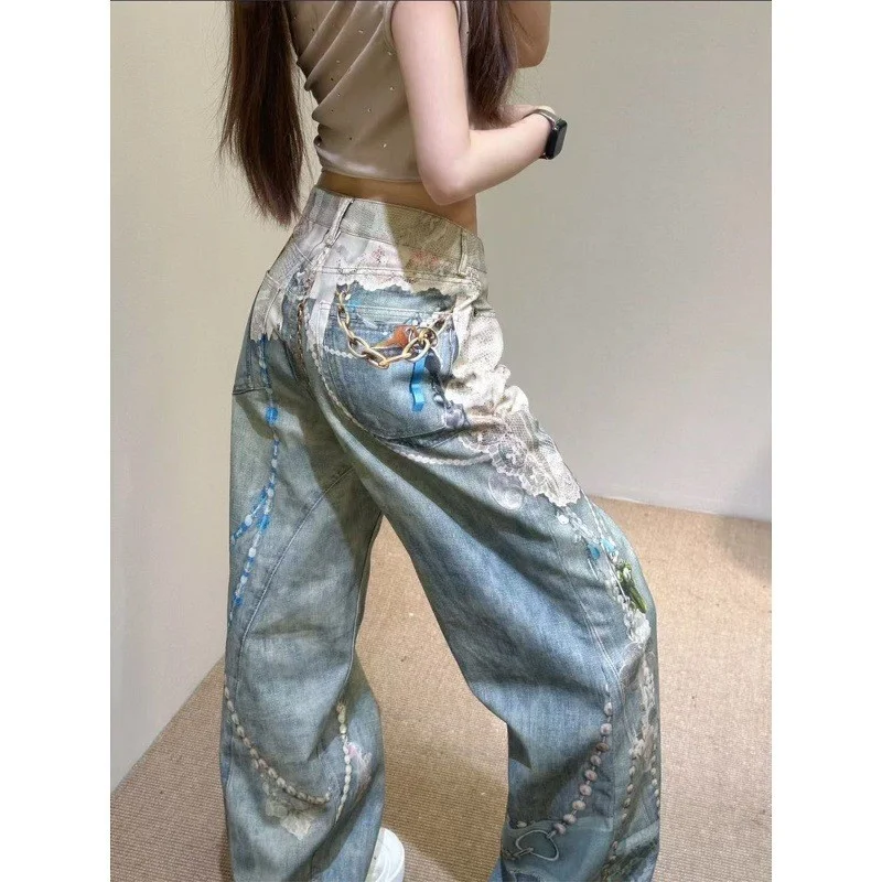 Jeans in denim a gamba larga Serie 98 Pizzo stampato in 3D Catena di perle Pantaloni dritti larghi da donna Vita alta Estiramento medio Altro Fab...