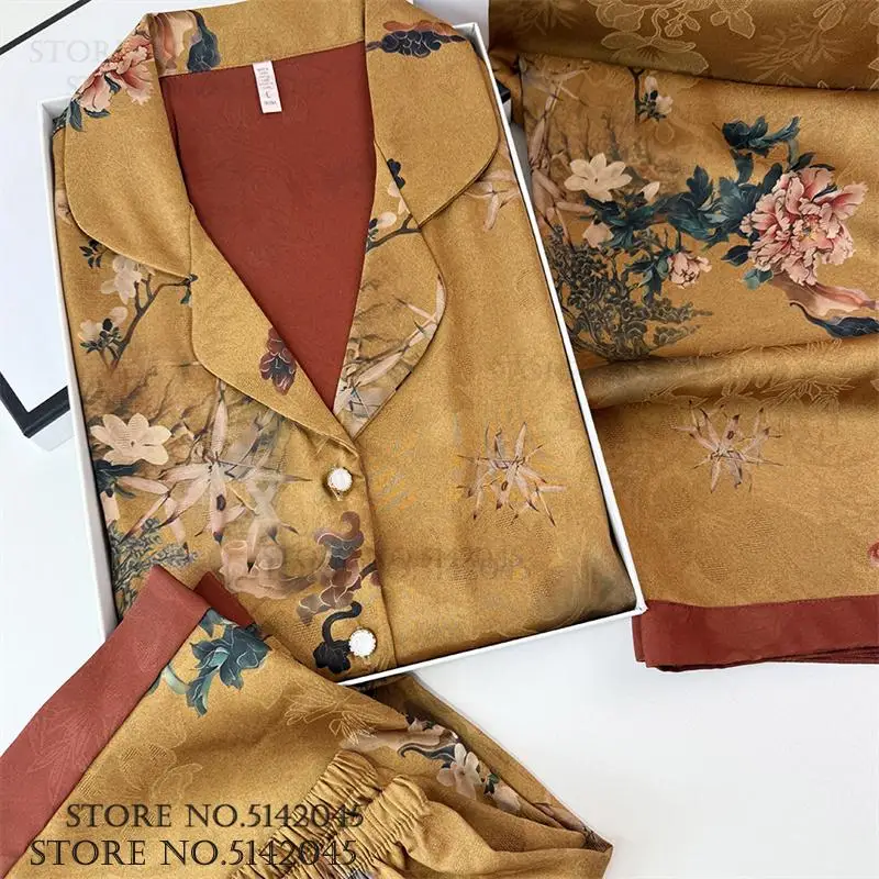 

Women Short Sleeve Pajamas 3PCS Set Vintage Chinese Style Print Flower Sleepwear Pijamas Suit Loose Rayon Homewear Loungewear