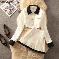 Dress Sets Women Spring Panelled Crop Jackets Mini Pleated Skirts Sweet Fashion Korean Style Tender Party Holiday Aesthetic Chic