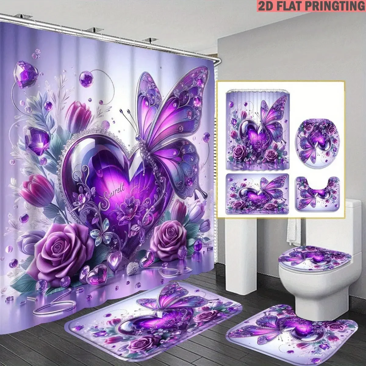 1pc/4pcs Shower Curtain and Bath Mat Set with print pattern Purple Butterfly Heart Roses Flowers Gems Non-Slip Bathroom Decor