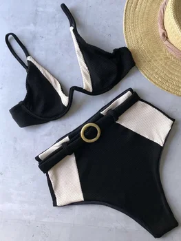 Sexy V-Bar Beugel Patchwork Hoge Taille Bikini Vrouwen Badmode Vrouwelijke Badpak Tweedelige Bikini set Geribbeld Badpak Zwemmen