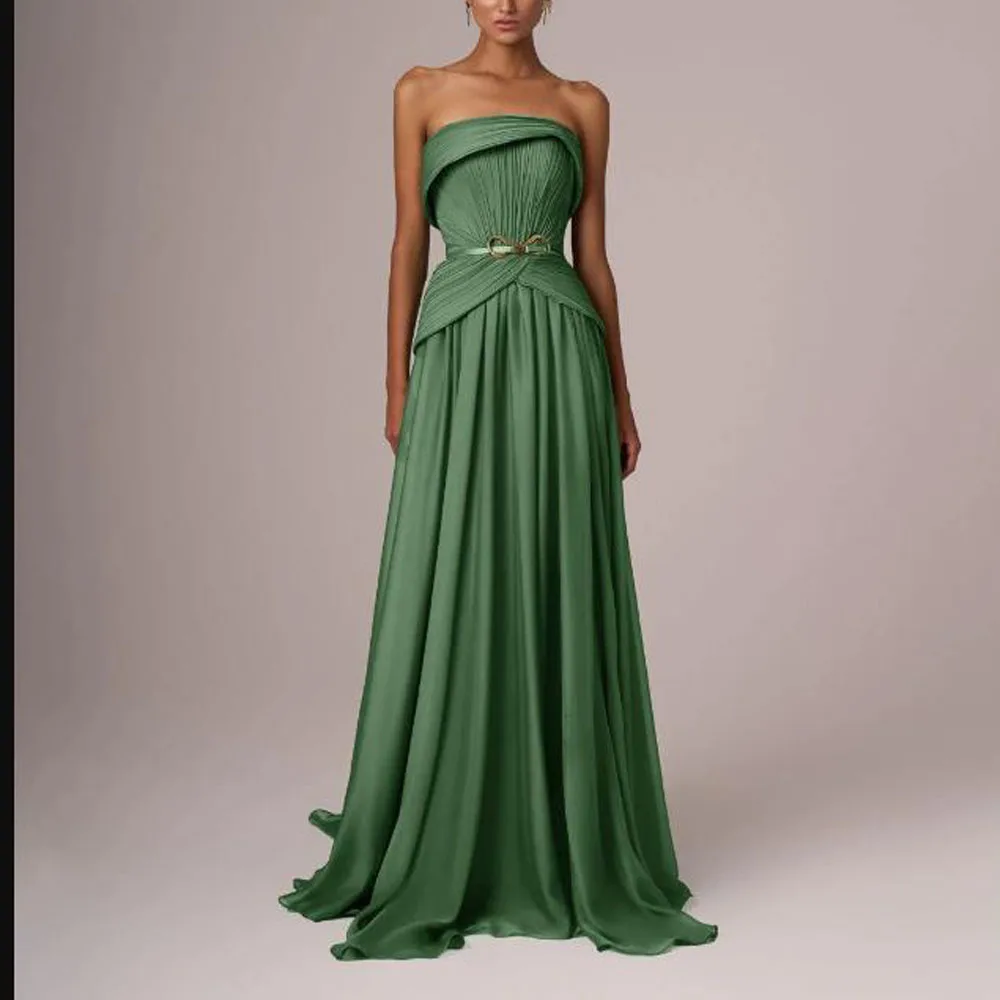 カスタムプリーツAラインイブニングドレス2025ストラップレスフローリングシフォンセレブリティガウンターンダウンカラーフォーマルドレス