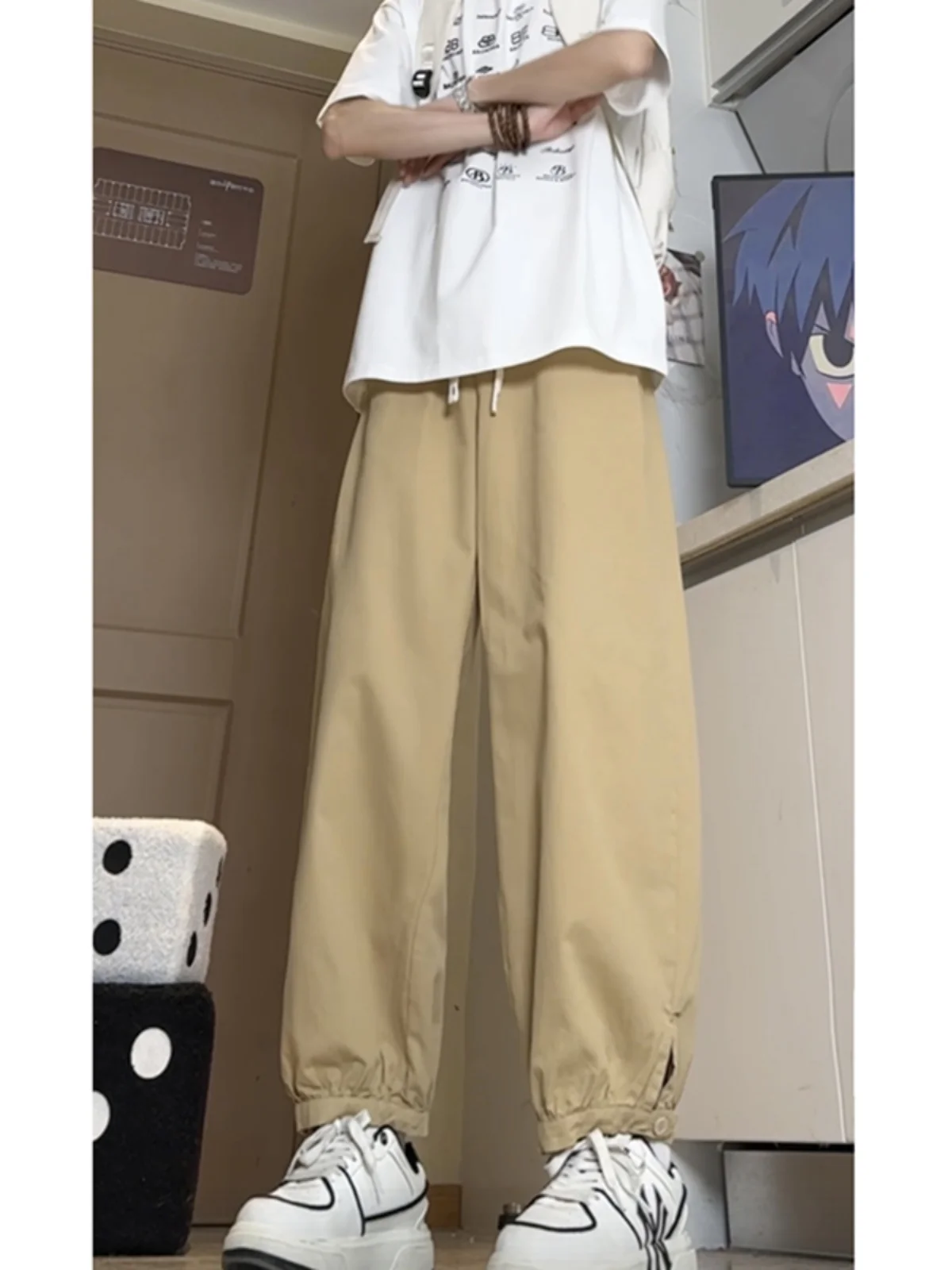 

Мужские летние брюки-карго цвета хаки в американском ретро-стиле, свободного кроя, с манжетами, низкой посадкой, из хлопка, молодежные, повседневные, рабочие, длиной 7/8