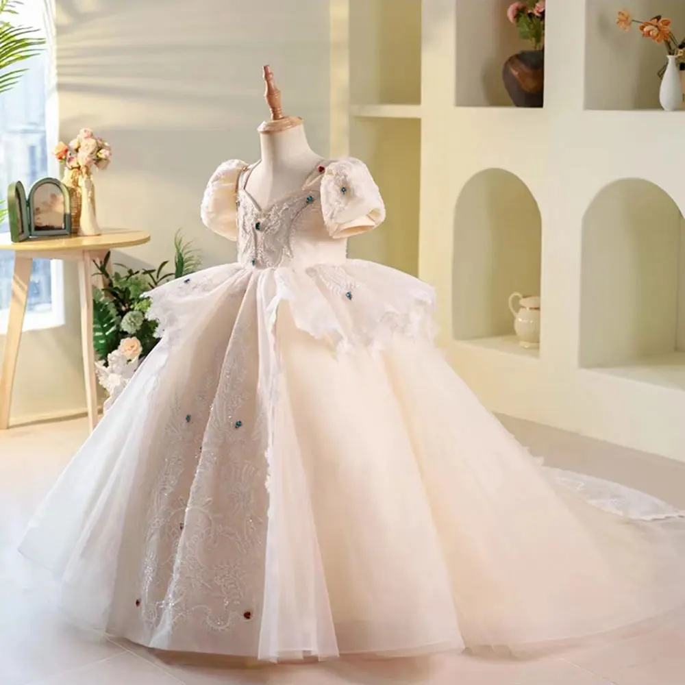 Jill Wish Luxury Elegant White Flower Girl Dress Beads Arabic Princess Kids Wedding Birthday Party Ball Gown Communion 2025 J248