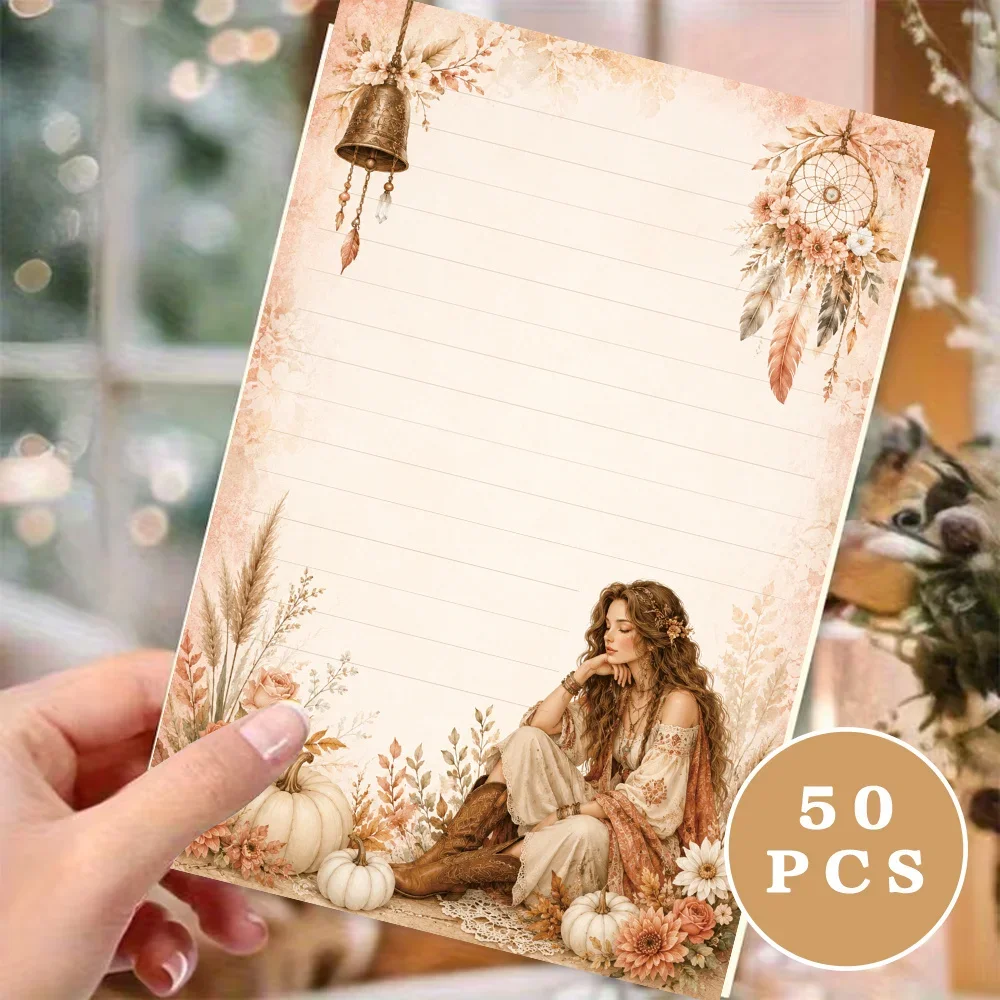 50 Sheets, Bohemian Autumn Girl-themed Writing Paper, Lined, Glue-free, Perfect For Notebooks, Memos, And Stickers