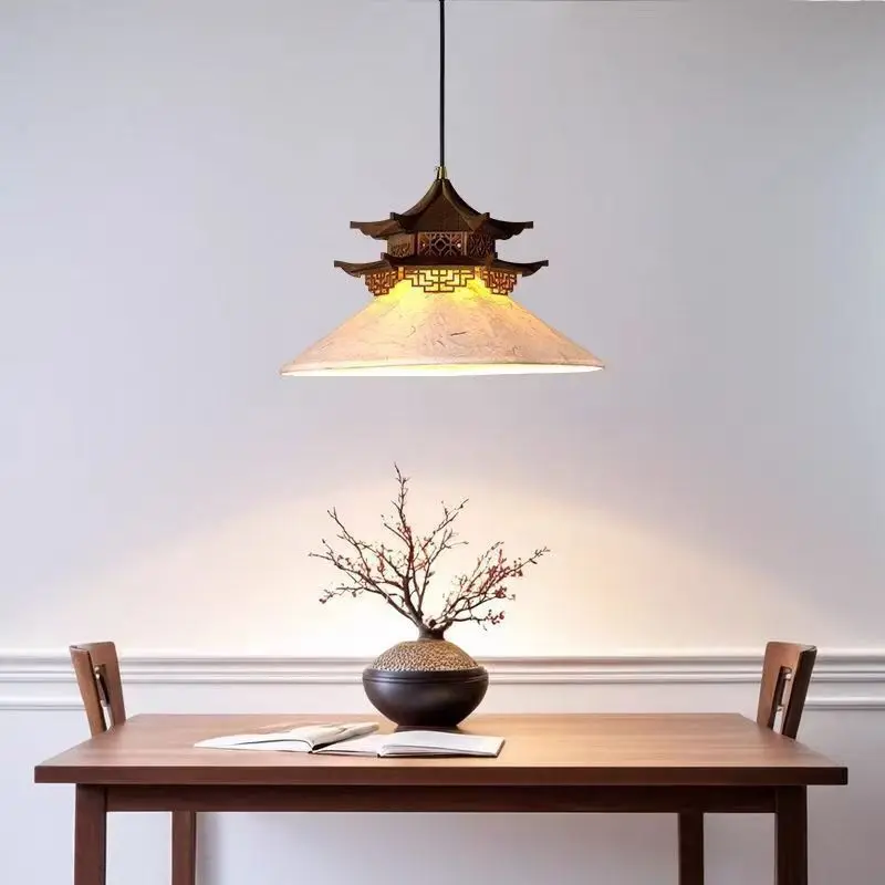 Song Dynasty Zen Vintage Pavilion House Ceramic Fabric Pendant Light LED Teahouse Dining Room Bedroom