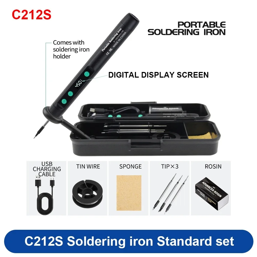 Ferro de Solda Sem Fio HOMEFISH C212S Portátil 180-450 ° Kit de Ferramentas de Solda com Bateria Embutida e Temperatura Ajustável com 3 Pontas