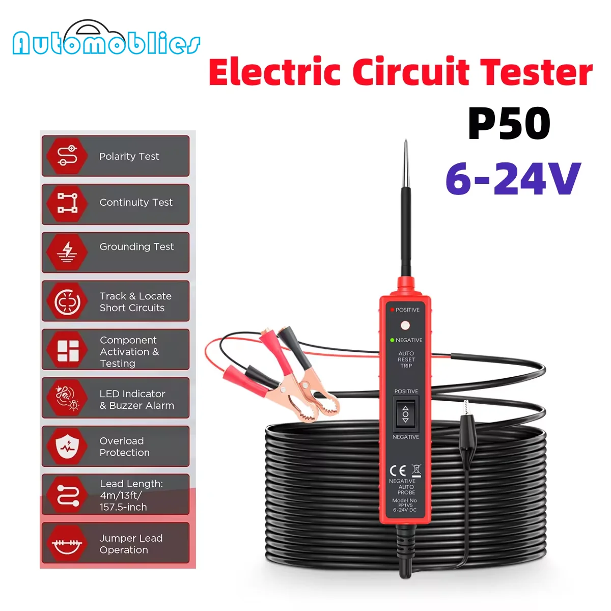 Car Electric Circuit Tester 6-24V P50 Automotive Multi-function Driving Test Car Voltage Tester Power Probe for Car Moto Truck