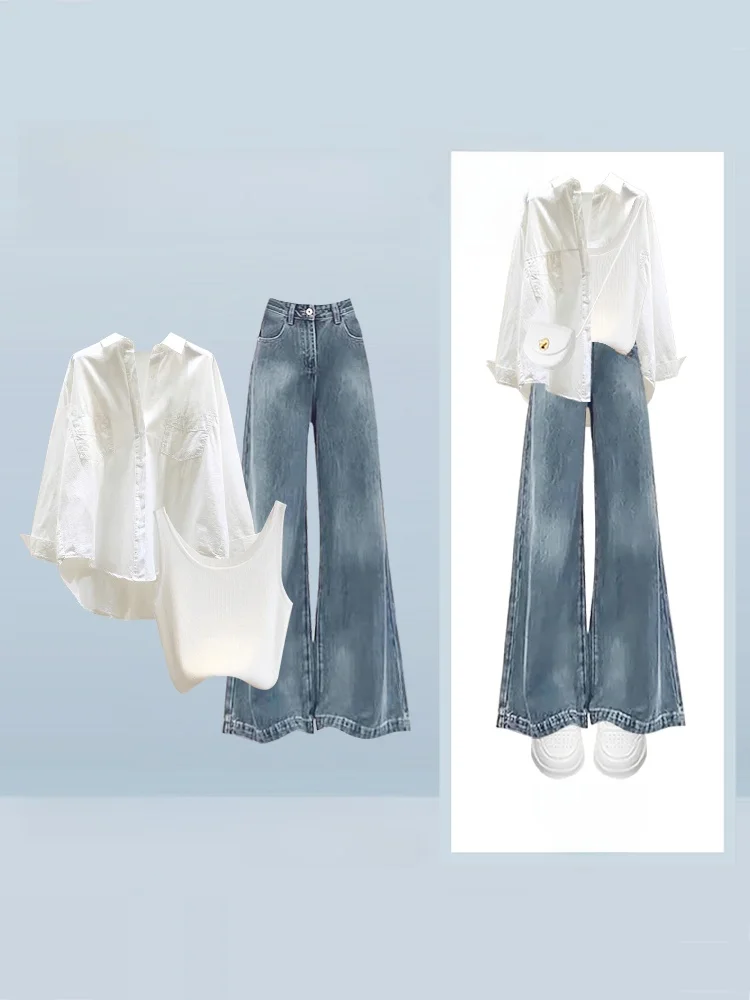 

Ранняя осень, свободный женский комплект одежды, длинная джинсовая майка све, широкие джинсы, повседневные винтажные футболки