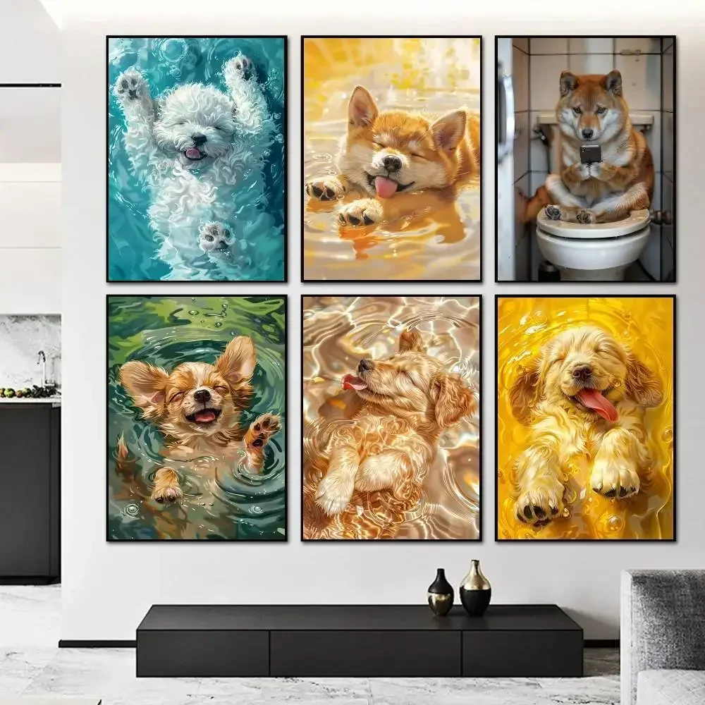 Funny Dogs Happy Life Canvas Poster Cute Chihuahua Bichon Frise Bulldog Swimming Wall Art Prints Painting Home