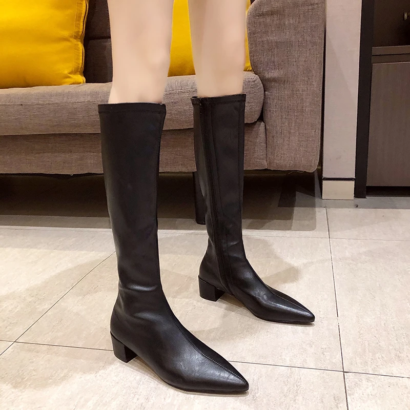 

2024 Fashion Chunky Heels High Knee Boots Pointed Toe Knee High Long Boots Winter Female Shoes