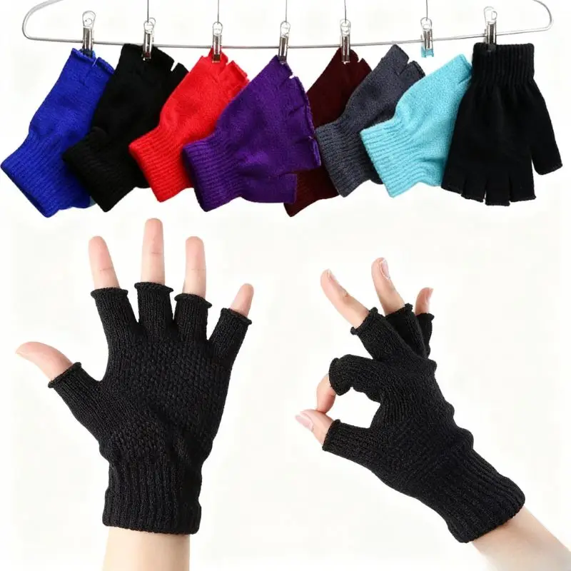 1pair Unisex Knitted Stretch Gloves Winter Warm Half Finger Mittens Women Men Fingerless Gloves Solid Cycling Writing Gloves