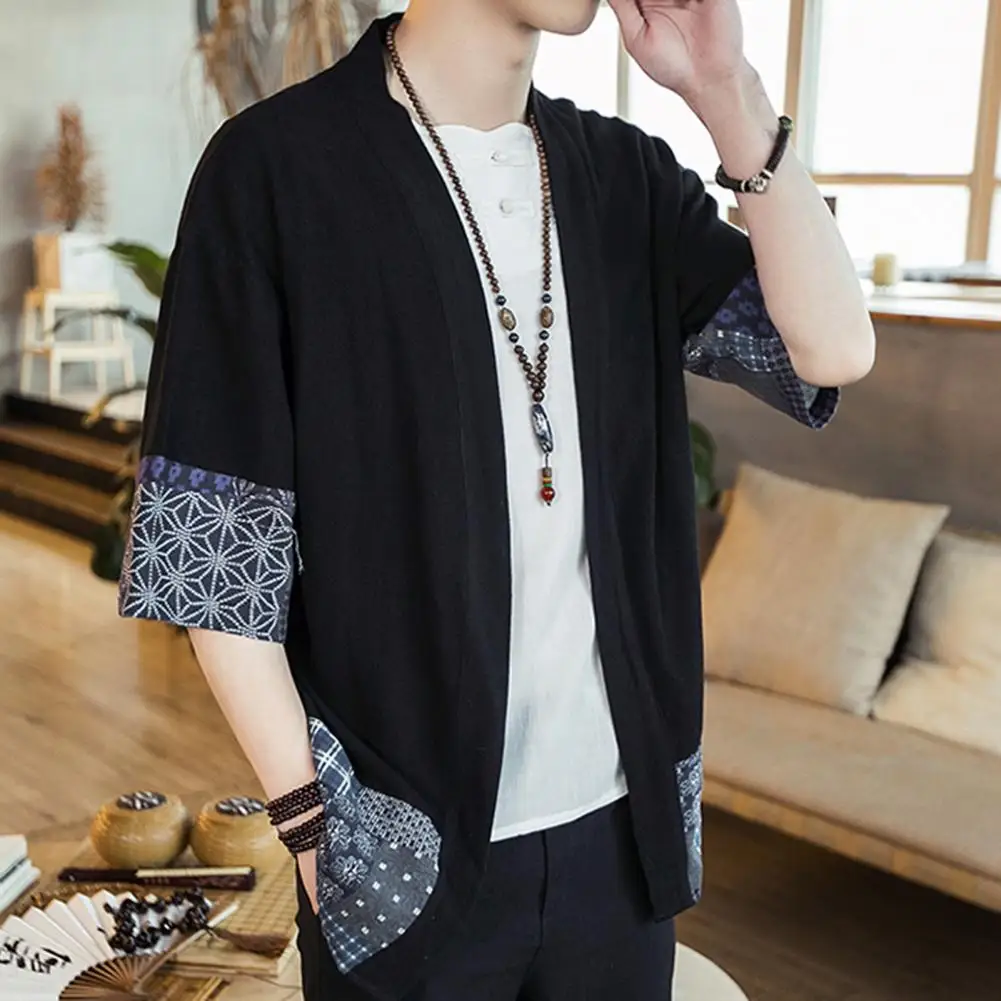 Men Shirt Chinese Style Printed Cuffs Open Stitch Mid Length Blouse Half Sleeves Plus Size Loose Cardigan Top Hanfu Costume