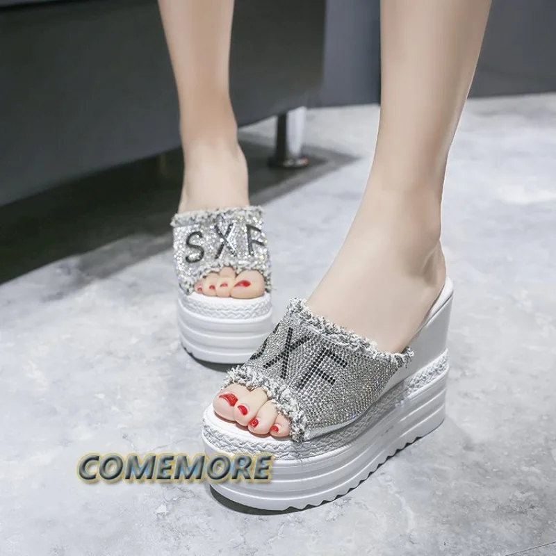 Woman White Fashion Crystals Platform Wedges Super High Heel Summer Sandals Sequins Casual Shoes Women Fish Mouth Beach Slippers