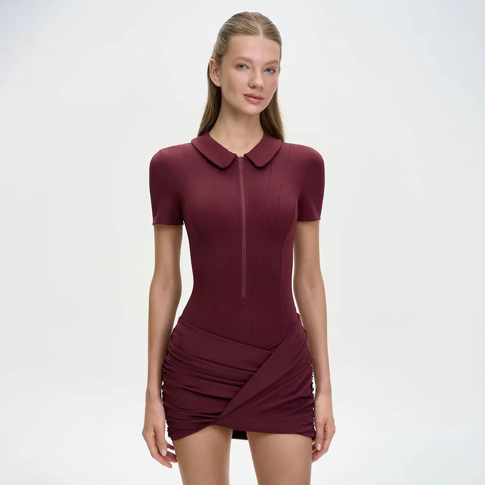 Modischer Plissee-Jumpsuit für Damen, Eleganter Kurzarm-Bodycon mit Reißverschluss und Revers, Sommerliche Alltags- und Streetwear – Detail 6