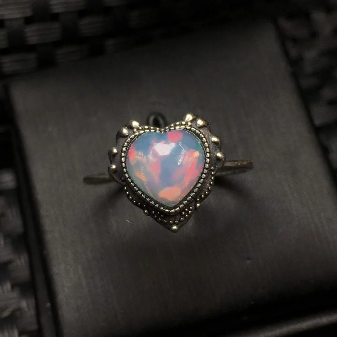 

1 Pc Fengbaowu Natural Colorful Opal Heart Ring 925 Sterling Silver Reiki Healing Stone Jewelry Gift