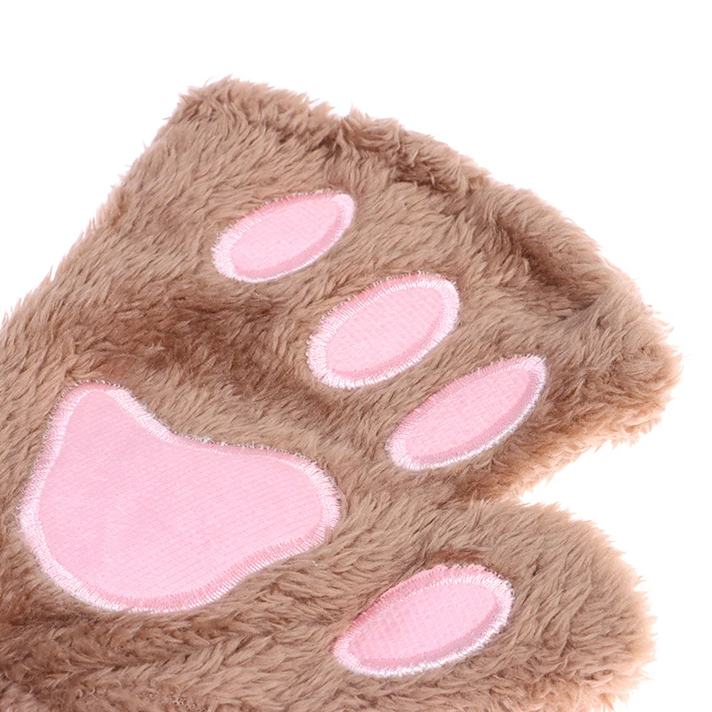 Cute Cat Paw Fluffy Claw Fingerless Gloves Warm Soft Plush Fingerless Panda Glove Half Finger Women Winter Wear Christmas Gifts