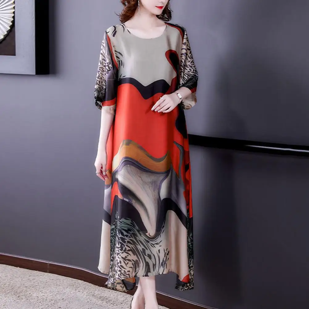 

2024 Ladies O Neck Loose Casual New Vintage Printed Silk Midi Dresses Robe Spring Summer Prom Dress Women Elegant Party Vestidos