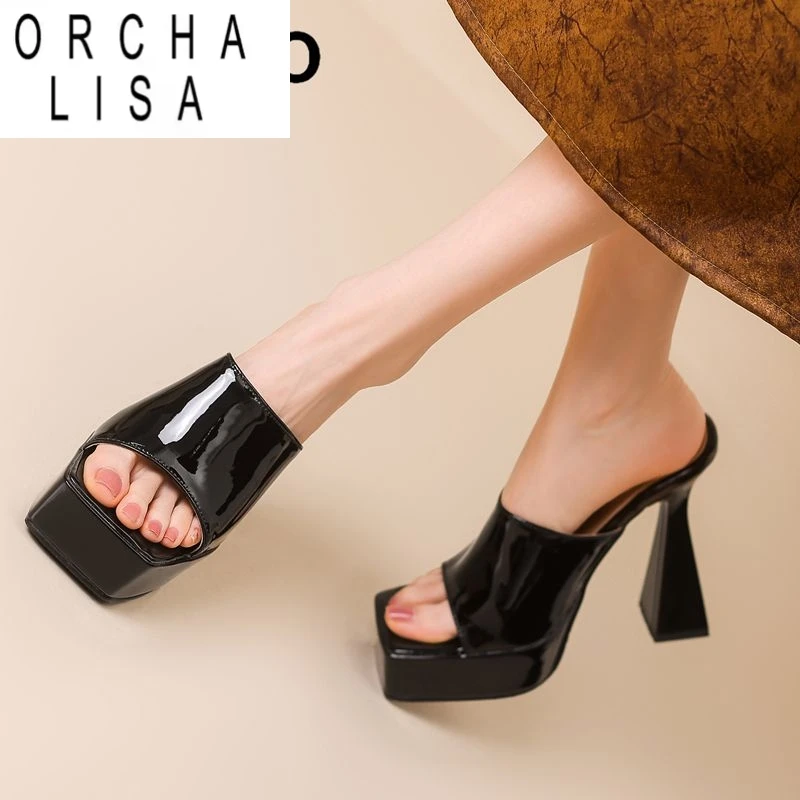 

ORCHA LISA Модные блестящие женские сандалии с квадратным носком на странном каблуке 12 см на платформе 4 см без шнуровки Сексуальная обувь для свиданий 43 44 45 46