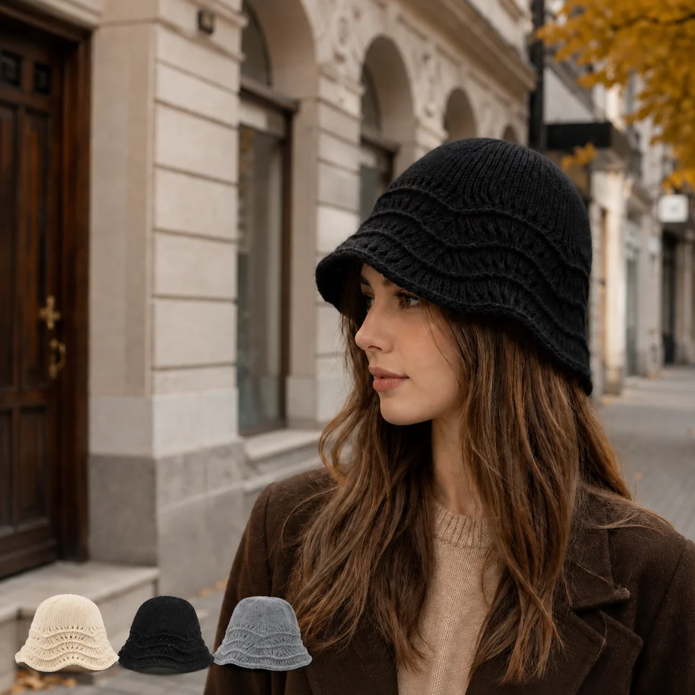 Wavy Openwork Knit Bucket Hat for Women, Soft Fuzzy Cloche Cap, Warm Elegant Autumn Winter Fashion Hat
