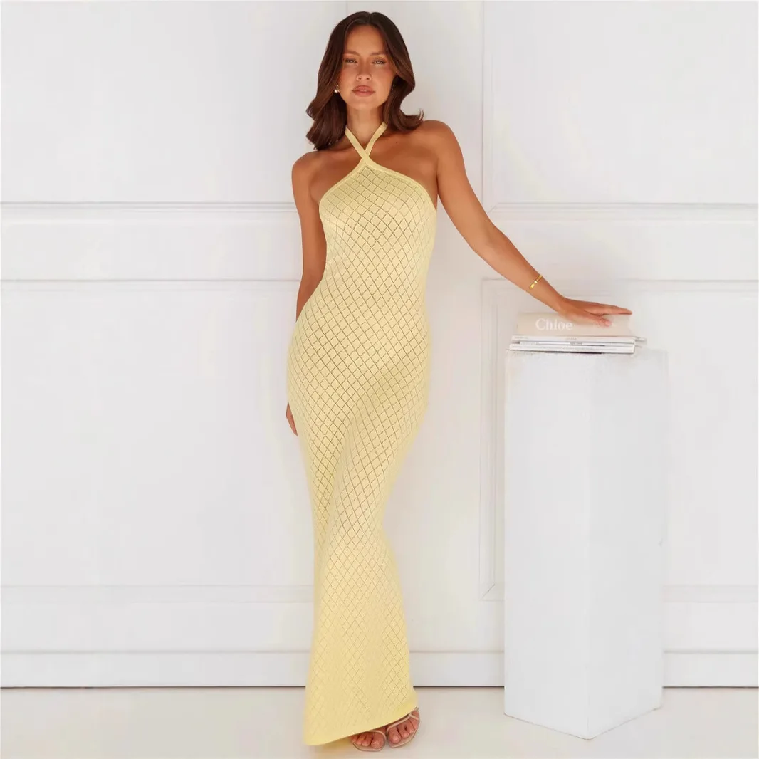 

2025 Summer Holiday Beach Hollow Out Knitted Halter Maxi Dress Women Sexy Sleeveless Backless Long Robe Bikini Cover Ups Outfits
