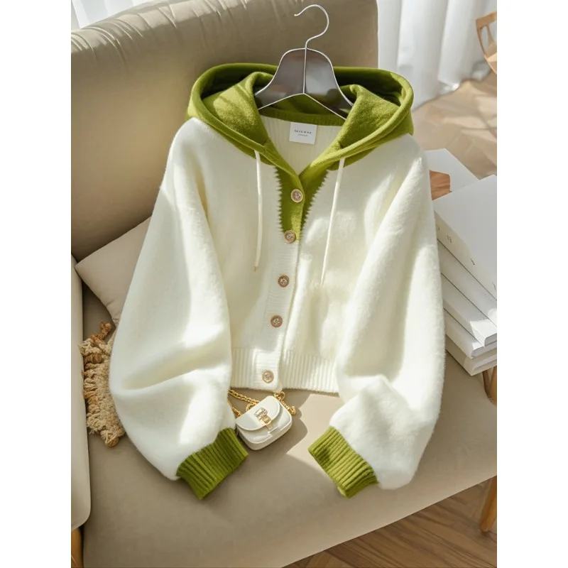 

Women's Hooded Sweater Soft and Sweet Button Knit Jacket Autumn and Winter Lazy Style Knit Cardigan Top