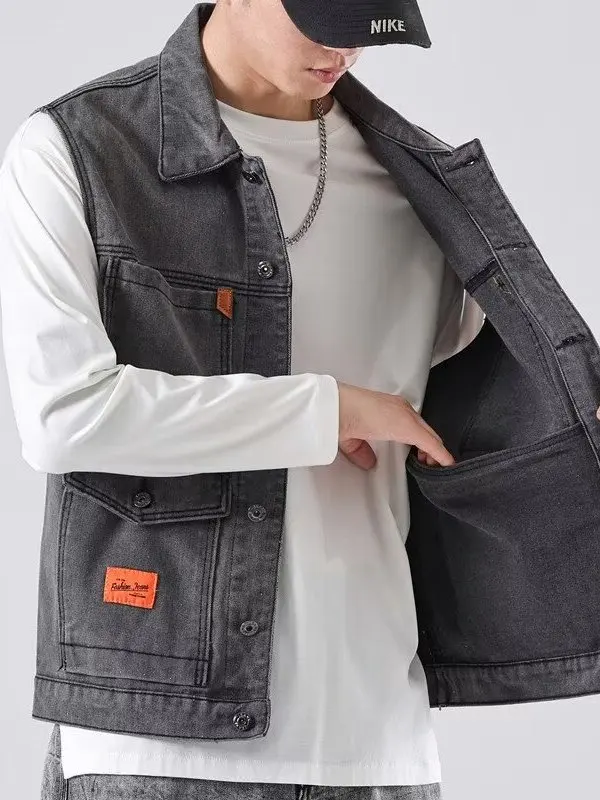 

Fall Men's Denim Vest Youth Svel Workwear Resistant Worn Single Button Closure Casual Sle Regular Fit Single Color