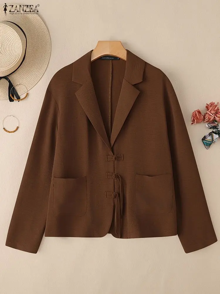 ZANZEA 2025 Modna marynarka zapinana na guziki z długim rękawem, płaszcze damskie jesienne, jednolite, codzienne okrycie wierzchnie, elegancka marynarka biurowa, odzież uliczna